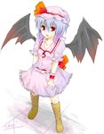  bad_id bad_pixiv_id bat_wings blue_hair hat red_eyes remilia_scarlet ribbon shiki_mizuki short_hair signature solo touhou wings wrist_cuffs 