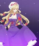  bad_id bad_pixiv_id blonde_hair bow breasts chita cleavage dress hair_bow hat large_breasts long_hair purple_eyes ribbon smile solo touhou yakumo_yukari 