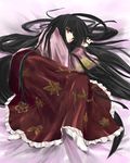  bed black_hair houraisan_kaguya japanese_clothes kimono long_hair lycee62 lying on_side red_eyes solo touhou very_long_hair wide_sleeves 