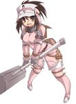  :d armor backpack bag bandages belt belt_pouch black_eyes black_hair blush boots breasts buttons covered_nipples fang fingerless_gloves gloves hat helmet khezu_(armor) large_breasts leaning_forward looking_at_viewer medium_breasts miniskirt monster_hunter naitou_kouse open_mouth pink_footwear pink_legwear pouch scales short_hair side_slit simple_background skirt smile solo strap thigh_boots thigh_strap thighhighs warhammer weapon 