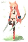  animal_ears bra braid cat_ears cat_tail copyright_request dual_wielding gloves holding lingerie long_hair panties solo sword tail thighhighs twin_braids ume_soba underwear underwear_only weapon 