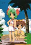  animal_ears barefoot beach bikini bracelet brown_hair cat_ears chibi cloud day dejiko di_gi_charat green_hair highres innertube jewelry megami multiple_girls navel necklace official_art outdoors palm_tree puchiko scan short_hair short_twintails sky smile summer swimsuit tree twintails water yamakawa_yoshiki 