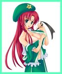  bad_id bad_pixiv_id green_eyes hat hong_meiling kanae_yarushi long_hair midriff navel red_hair solo touhou undressing 