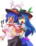  2girls annoyed blue_hair blush bow bowtie breast_envy breast_grab breasts embarrassed food frills fruit grabbing groping hat hat_bow hat_ribbon hinanawi_tenshi large_breasts long_hair looking_down multiple_girls nagae_iku nose_blush open_mouth peach red_eyes ribbon shirt simple_background skindentation skirt squemezzo standing surprised taut_clothes taut_shirt tongue touhou white_background 