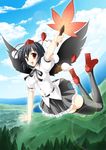  bangs black_hair black_wings cloud day fan flying geta hat kamiya_tomoe looking_at_viewer open_mouth red_eyes scenery shameimaru_aya short_hair skirt sky smile solo tengu-geta thighhighs touhou tree wings 