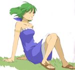  :d ahoge alternate_costume arm_support armlet bare_arms bare_legs bare_shoulders blue_dress breasts casual choker collarbone deko_(odecodeco) dress full_body grass green_hair knees_up macross macross_frontier medium_breasts open_mouth plant ranka_lee sandals short_hair sitting smile solo strapless strapless_dress yellow_choker 