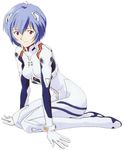  absurdres arm_support artist_request ayanami_rei bangs blue_hair bodysuit bracer from_side full_body gloves hair_between_eyes hair_ornament highres leaning_forward light_smile looking_at_viewer neon_genesis_evangelion number official_art pale_skin pilot_suit plugsuit red_eyes scan short_hair simple_background sitting skinny smile solo turtleneck wariza white_background white_bodysuit 