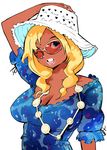  blonde_hair blue_eyes breasts cleavage dark_skin ganguro hat igarasy large_breasts nail_art one_eye_closed original solo sunglasses 