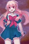  blood gasai_yuno knife long_hair lowres mirai_nikki pink_hair red_eyes school_uniform solo velpaw yandere 