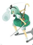  aqua_hair black_hairband bloomers dual_wielding fighting_stance full_body green_hair hairband hitodama holding konpaku_youmu konpaku_youmu_(ghost) mary_janes ririvery sheath shoes short_hair simple_background solo standing sword touhou underwear unsheathing weapon white_bloomers 