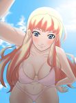  bad_id bad_pixiv_id bent_over bikini blonde_hair blue_eyes blush breasts cleavage day hiiragi_shin large_breasts long_hair macross macross_frontier pink_hair sheryl_nome solo swimsuit 