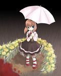  artist_request blood brown_hair fence flower rain short_hair solo umbrella umineko_no_naku_koro_ni ushiromiya_maria 