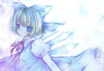  blue_bow blue_eyes bow cirno hair_bow ice ice_wings kasuga_sunao looking_at_viewer puffy_short_sleeves puffy_sleeves red_ribbon ribbon short_sleeves silver_hair simple_background solo touhou upper_body white_background wings 