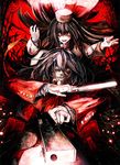  1girl alucard_(hellsing) banpai_akira black_hair crazy_eyes cross dual_persona fur_hat genderswap genderswap_(mtf) girlycard gloves glowing glowing_eyes gun handgun hat hellsing hellsing:_the_dawn latin_cross long_hair mouth_hold necktie pistol weapon 