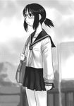  flat_chest genshiken glasses greyscale monochrome ogiue_chika sakaki_imasato school_uniform solo 