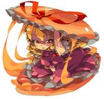  alabaster_(artist) bad_id bad_pixiv_id blonde_hair blush curly_hair dress food hamburger in_food jpeg_artifacts oekaki orange_eyes oversized_food oversized_object ribbon solo tongue touhou yakumo_yukari 