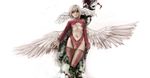  feathers final_fantasy final_fantasy_tactics hair_over_one_eye head_wings leotard red_leotard rr_(ryohej) short_hair solo thighhighs ultima_(fft) white_hair wings 