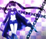  aisora bad_id bad_pixiv_id bangs belt bikini_top black_hair black_rock_shooter black_rock_shooter_(character) blue_eyes chain checkered coat flat_chest front-tie_top hood hooded_jacket jacket long_hair midriff pale_skin shorts solo star twintails uneven_twintails very_long_hair wind 