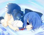  bad_id bad_pixiv_id bent_over blue_eyes blue_hair blush bow cirno hair_bow ribbon short_hair solo t_(dyuhuhudyukusi) top-down_bottom-up touhou wings 