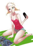  barefoot blonde_hair camisole glasses green_eyes handheld_game_console original playstation_portable solo twintails yurikawa 
