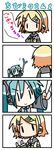  4koma :&gt; aqua_hair chibi chibi_miku comic commentary_request hatsune_miku hungry kagamine_rin minami_(colorful_palette) multiple_girls silent_comic spring_onion translated vocaloid |_| 