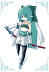  bare_shoulders detached_sleeves eyepatch flat_chest green_hair hair_ribbon highres katana legwear_under_shorts long_hair original pantyhose pantyhose_under_shorts pointy_ears red_eyes ribbon rikumaru shorts solo sword weapon 