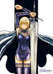  absurdres blonde_hair cape clare_(claymore) claymore claymore_(sword) closed_eyes detached_sleeves highres scan short_hair solo sword thighhighs weapon yagi_norihiro 