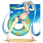  blue_eyes blue_hair denim denim_shorts gin'ichi_(akacia) innertube long_hair midriff navel original shorts solo sunglasses tank_top tattoo twintails very_long_hair water_gun 