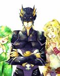  2girls :d ^_^ ^o^ artist_request belt blonde_hair blush bodysuit buckle cain_highwind closed_eyes crossed_arms expressionless final_fantasy final_fantasy_iv green_hair laughing long_hair looking_at_viewer multiple_girls open_mouth rosa_farrell rydia shoulder_pads smile wavy_hair 