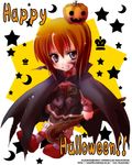  artist_request black_dress blue_eyes brown_hair cape chibi dress grin halloween happy_halloween jack-o'-lantern lowres pumpkin pumpkin_hat shoes short_hair skirt smile socks solo staff star starry_background umineko_no_naku_koro_ni ushiromiya_maria watermark web_address 