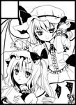  black_border border circle_cut flandre_scarlet greyscale monochrome multiple_girls remilia_scarlet siblings sisters torii_sumi touhou wings 