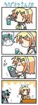  &gt;_&lt; 4koma =_= arms_up chibi chibi_miku closed_eyes comic commentary_request drinking hatsune_miku kagamine_rin minami_(colorful_palette) multiple_girls silent_comic soda translated vocaloid |_| 