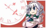  blue_eyes braid clock hair_ornament iyau izayoi_sakuya maid maid_headdress short_hair silver_hair solo touhou twin_braids 