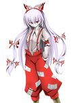  bangs fujiwara_no_mokou hair_ribbon hand_in_pocket long_hair mosu_(korikan) red_eyes ribbon smirk solo touhou 