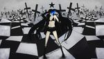  black_rock_shooter black_rock_shooter_(character) cross latin_cross long_hair midriff shorts solo twintails yunar 