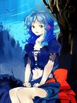  blue_hair dress green_eyes igarasy long_hair midriff original sitting solo 