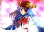  blue_hair food fruit hat hinanawi_tenshi long_hair peach ribbon saia_(mafoi) solo touhou 