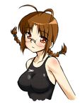  :/ akizuki_ritsuko antenna_hair blush braid breasts brown_eyes brown_hair competition_swimsuit glasses idolmaster idolmaster_(classic) idolmaster_1 large_breasts lowres miyabe_makoto one-piece_swimsuit simple_background solo speedo_(company) swimsuit twin_braids upper_body 