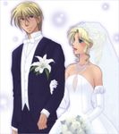  1girl blonde_hair blue_eyes bouquet bride cain_highwind dress final_fantasy final_fantasy_iv flower lily_(flower) looking_at_another rosa_farrell soranokaze15 wedding_dress 