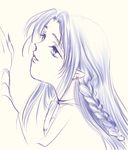  blue_eyes blue_hair braid caster fate/stay_night fate_(series) monochrome pointy_ears sketch spot_color tennoji_mei 