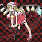  akai_(akanan) bad_id bad_pixiv_id blonde_hair flandre_scarlet hat laevatein lowres ribbon short_hair solo touhou wings 