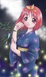  blue_kimono bow ebifly hair_ribbon japanese_clothes kamigishi_akari kimono red_eyes red_hair ribbon solo tanabata tanzaku to_heart yellow_bow yukata 