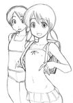  artist_request ayase_ena backpack bag bikini flat_chest greyscale hayasaka_miura monochrome multiple_girls one-piece_swimsuit randoseru short_hair swimsuit twintails yotsubato! 