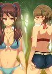  2girls adjusting_shorts akazawa_izumi another ass bikini blush bra breasts brown_hair cleavage female glasses highres large_breasts long_hair looking_back midriff mound_of_venus multiple_girls navel short_hair short_shorts shorts sugiura_takako swimsuit takayanagi_katsuya twintails underwear 