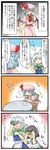  &gt;_&lt; 4koma :3 apron berusuke_(beru_no_su) black_hair blood blood_in_mouth blue_eyes blue_hair blush bow braid camcorder camera chair closed_eyes comic cup demon_wings disposable_camera drinking_straw hair_bow hands hat hat_ribbon heart highres izayoi_sakuya maid maid_headdress multiple_girls open_mouth plate puffy_sleeves red_eyes remilia_scarlet ribbon shameimaru_aya short_hair short_sleeves silver_hair smile sweatdrop table teacup tokin_hat touhou translated twin_braids vampire wings 