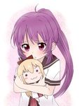  :3 character_doll long_hair nanamori_school_uniform object_hug paru-tan ponytail purple_eyes purple_hair school_uniform serafuku sugiura_ayano toshinou_kyouko yuru_yuri 