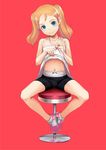  ankle_socks bike_shorts blue_eyes blush brown_hair cameltoe dress dress_lift flat_chest looking_at_viewer navel original panties red_background sitting smile sody solo spread_legs stool twintails underwear white_panties 