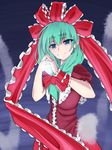  aqua_hair arm_ribbon blue_eyes bow dress extrawine fingers_together front_ponytail hair_bow hair_ornament hair_ribbon hands_together highres kagiyama_hina light long_hair looking_at_viewer own_hands_together red_dress ribbon smile solo touhou 