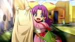  :d anime_coloring bag blue_eyes child cloth earrings grandia grandia_i jewelry kayama_kenji looking_at_viewer open_mouth purple_hair puui_(grandia) smile solo sue_(grandia) 