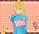  azkn blonde_hair blue_eyes blush breasts brown_hair english frown gen_1_pokemon gift gloves hand_to_own_mouth long_hair mario_(series) medium_breasts metroid multiple_girls pikachu pokemon pokemon_(creature) polka_dot polka_dot_background ponytail princess_peach princess_zelda samus_aran smile super_mario_bros. super_smash_bros. the_legend_of_zelda the_legend_of_zelda:_twilight_princess tsundere valentine zero_suit 